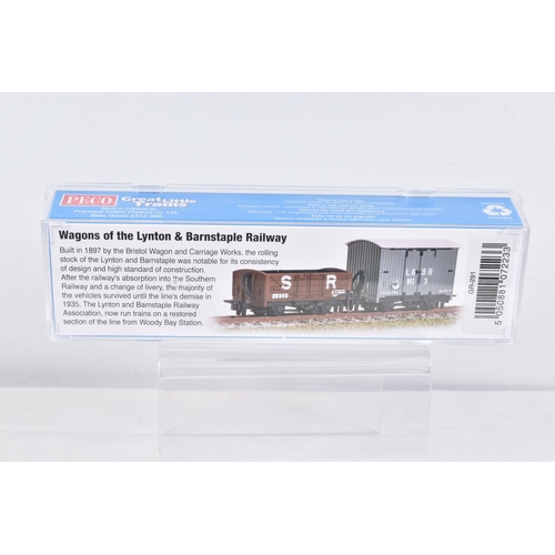 313 - FIVE CASED PECO OO-9 NARROW GAUGE ROLLING STOCK, to include an Open Wagon, no. 28308 in SR Livery, i... 