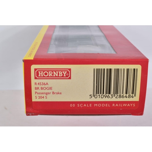 334 - SIX BOXED HORNBY 00 SCALE COACHES, to include a BR Bogie Passenger Brake, numbered R4536B, a BR Bogi... 