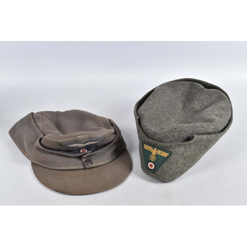 364 - TWO WWII ERA STYLE GARMAN ARMY HATS, the first is a field cap with Luftwaffe insignia to the front a... 