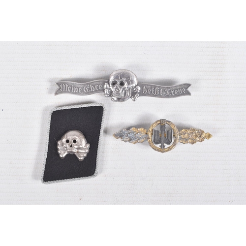 385 - THREE GERMAN UNIFORM ITEMS, to include a collar patch, Tunic badge and a Luftwaffe front flight clas... 