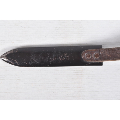 387 - A GERMAN HJ KNIFE IN ITS ORIGINAL SCABBARD, the motto Blut Und Ehre is on one side and the other sid... 