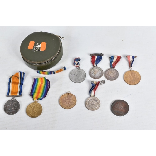 391 - A PAIR OF WWI MEDALS, coronation medals, Jubilee medal and two flags, the WWI pair of medals is name... 