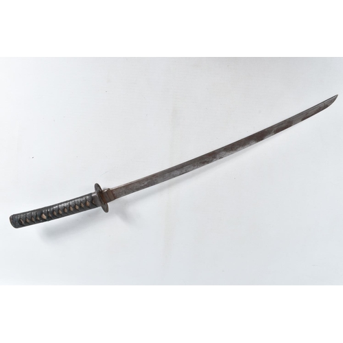 393 - A BELLIEVED TO BE 18TH CENTURY JAPANESE WAKIZASHI SWORD, worn blade, the tsuba cast with birds, clou... 