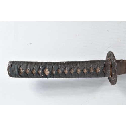 393 - A BELLIEVED TO BE 18TH CENTURY JAPANESE WAKIZASHI SWORD, worn blade, the tsuba cast with birds, clou... 