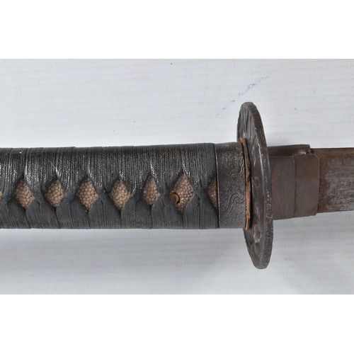 393 - A BELLIEVED TO BE 18TH CENTURY JAPANESE WAKIZASHI SWORD, worn blade, the tsuba cast with birds, clou... 