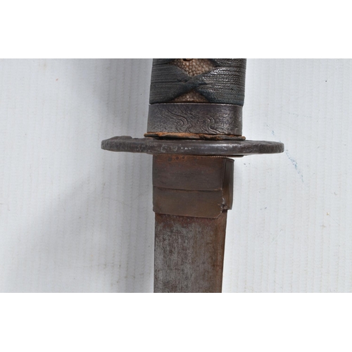 393 - A BELLIEVED TO BE 18TH CENTURY JAPANESE WAKIZASHI SWORD, worn blade, the tsuba cast with birds, clou... 