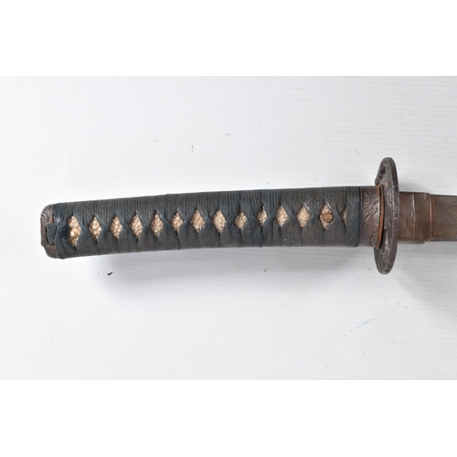 393 - A BELLIEVED TO BE 18TH CENTURY JAPANESE WAKIZASHI SWORD, worn blade, the tsuba cast with birds, clou... 