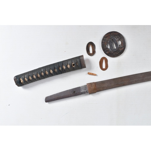 393 - A BELLIEVED TO BE 18TH CENTURY JAPANESE WAKIZASHI SWORD, worn blade, the tsuba cast with birds, clou... 