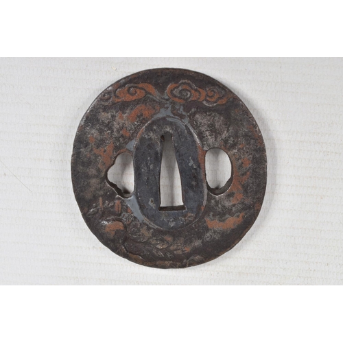 393 - A BELLIEVED TO BE 18TH CENTURY JAPANESE WAKIZASHI SWORD, worn blade, the tsuba cast with birds, clou... 