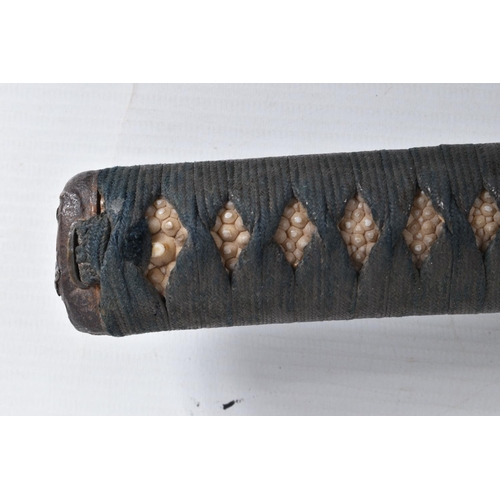 393 - A BELLIEVED TO BE 18TH CENTURY JAPANESE WAKIZASHI SWORD, worn blade, the tsuba cast with birds, clou... 