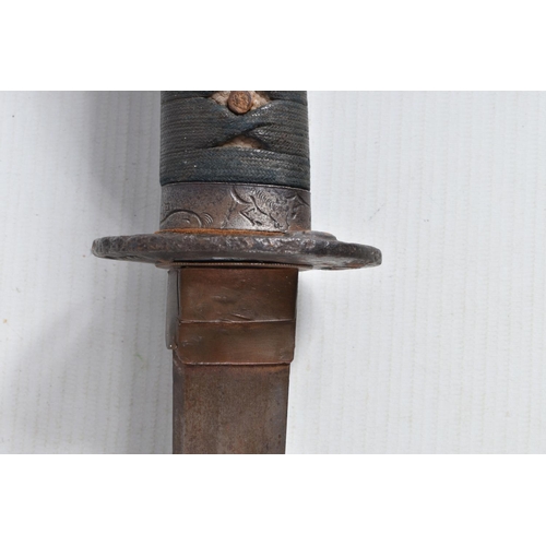 393 - A BELLIEVED TO BE 18TH CENTURY JAPANESE WAKIZASHI SWORD, worn blade, the tsuba cast with birds, clou... 