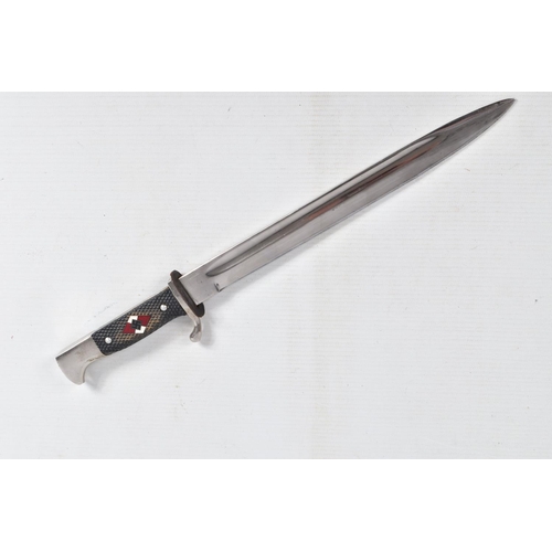 396 - A LATER GERMAN HJ KNIFE AND SCABBARD, the blade does not have a motto but has the maker stamp of Alc... 