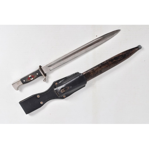 396 - A LATER GERMAN HJ KNIFE AND SCABBARD, the blade does not have a motto but has the maker stamp of Alc... 