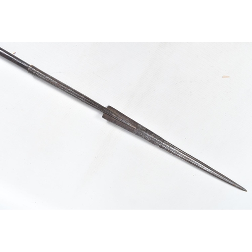 410 - THREE TRIBAL HUNTING SPEARS, the first features a wooden shaft and a grooved arrow shaped steel tip,... 