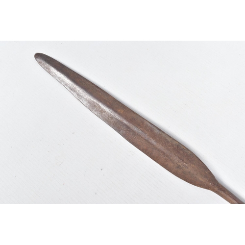 410 - THREE TRIBAL HUNTING SPEARS, the first features a wooden shaft and a grooved arrow shaped steel tip,... 