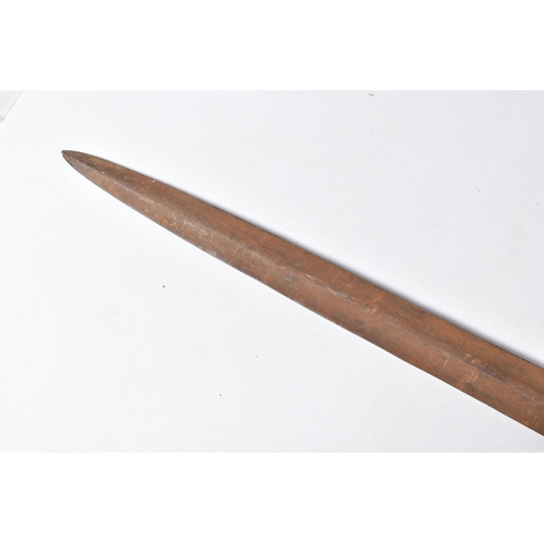 410 - THREE TRIBAL HUNTING SPEARS, the first features a wooden shaft and a grooved arrow shaped steel tip,... 