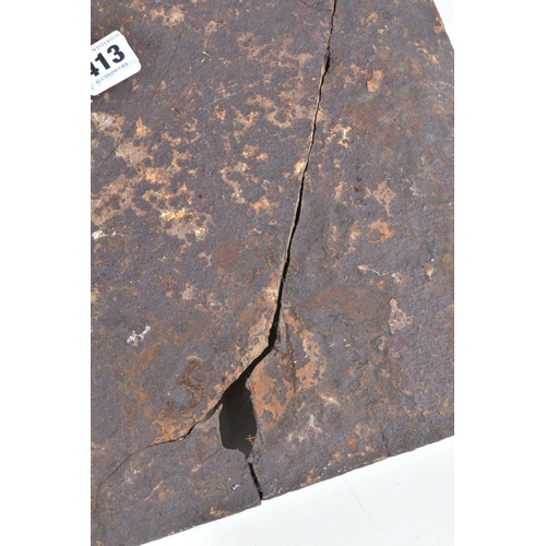 413 - A WWI RELIC OF A METAL SNIPERS PROTECTIVE PLATE, split in two with numerous cracks throughout, aged ... 