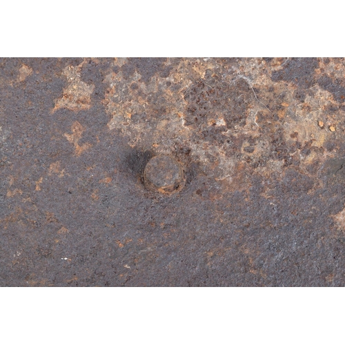 413 - A WWI RELIC OF A METAL SNIPERS PROTECTIVE PLATE, split in two with numerous cracks throughout, aged ... 