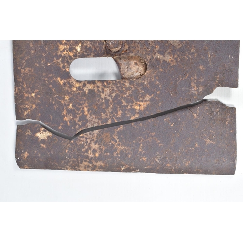 413 - A WWI RELIC OF A METAL SNIPERS PROTECTIVE PLATE, split in two with numerous cracks throughout, aged ... 