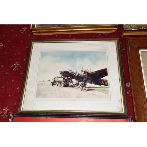 414 - MILITARY AND AIRFORCE INTEREST, a group of framed prints, plaques, pennants, plate, etc. (17) to inc... 