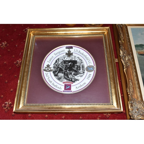 414 - MILITARY AND AIRFORCE INTEREST, a group of framed prints, plaques, pennants, plate, etc. (17) to inc... 