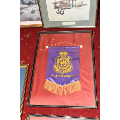 414 - MILITARY AND AIRFORCE INTEREST, a group of framed prints, plaques, pennants, plate, etc. (17) to inc... 