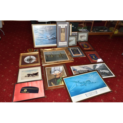 414 - MILITARY AND AIRFORCE INTEREST, a group of framed prints, plaques, pennants, plate, etc. (17) to inc... 