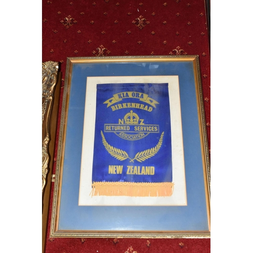 414 - MILITARY AND AIRFORCE INTEREST, a group of framed prints, plaques, pennants, plate, etc. (17) to inc... 