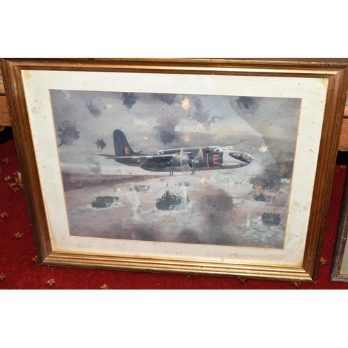 414 - MILITARY AND AIRFORCE INTEREST, a group of framed prints, plaques, pennants, plate, etc. (17) to inc... 