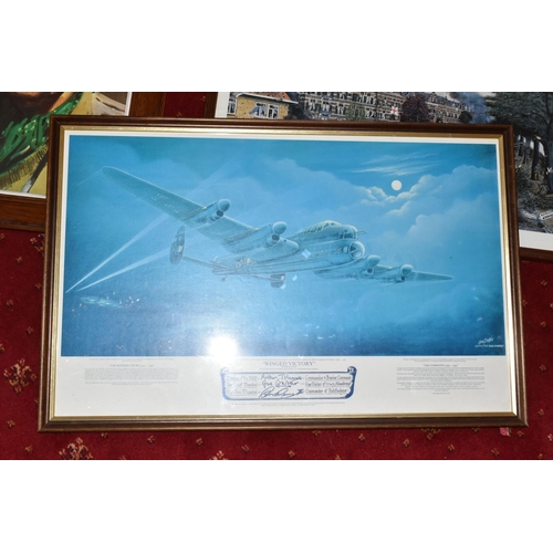 414 - MILITARY AND AIRFORCE INTEREST, a group of framed prints, plaques, pennants, plate, etc. (17) to inc... 