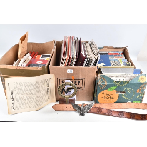 417 - A BOX OF MILITARY RELATED BOOKS AND A QUANTITY OF RECORDS, these are relating to Nazi Germany in the... 