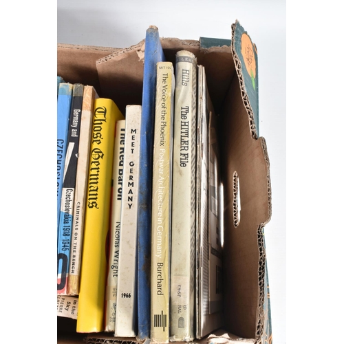 417 - A BOX OF MILITARY RELATED BOOKS AND A QUANTITY OF RECORDS, these are relating to Nazi Germany in the... 