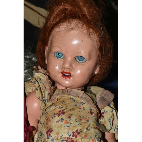 519 - TWO BOXES OF MIXED SUNDRIES, to include a mid twentieth century composition doll with red hair, a qu... 