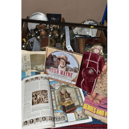 519 - TWO BOXES OF MIXED SUNDRIES, to include a mid twentieth century composition doll with red hair, a qu... 