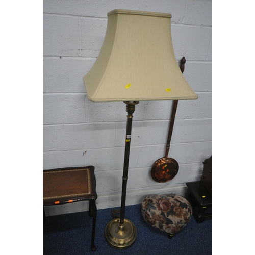 1212 - A BRASS STANDARD LAMP, with a cream shade, height to fitting 130cm, an oak cabinet with two drawers,... 