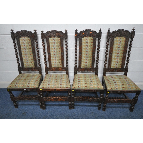 1216 - A SET OF FOUR EARLY 20TH CENTURY OAK CHAIRS, with twin finials, scrolled and floral carving, barley ... 