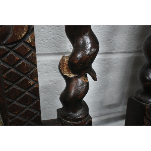 1216 - A SET OF FOUR EARLY 20TH CENTURY OAK CHAIRS, with twin finials, scrolled and floral carving, barley ... 