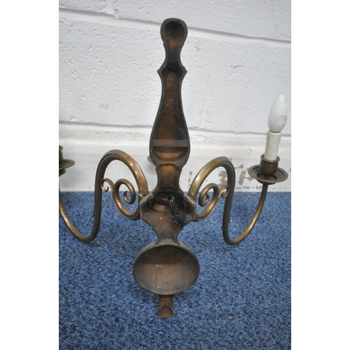 1218 - A PAIR OF BRASS THREE BRANCH WALL HANGING LIGHT FIXTURES, height 43cm, along with a matching five br... 