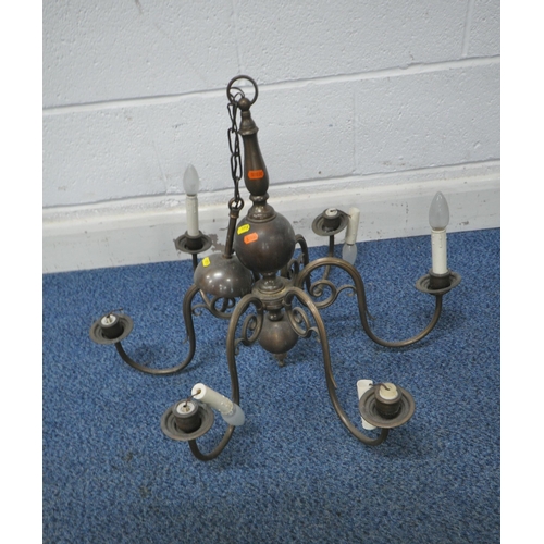 1218 - A PAIR OF BRASS THREE BRANCH WALL HANGING LIGHT FIXTURES, height 43cm, along with a matching five br... 