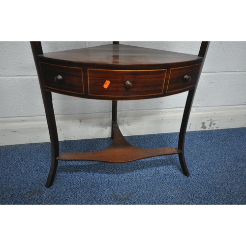 1221 - A GEORGIAN MAHOGANY CORNER WASHSTAND, with a raised back, a removable top surface, a single drawer a... 