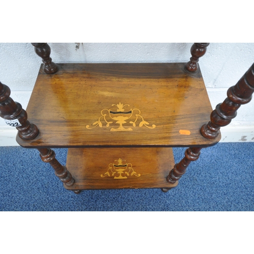 1222 - A VICTORIAN ROSEWOOD AND MARQUETRY INLAID THREE TIER WHATNOT, with four finials, raised on turned su... 