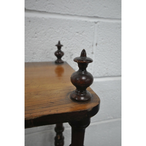 1222 - A VICTORIAN ROSEWOOD AND MARQUETRY INLAID THREE TIER WHATNOT, with four finials, raised on turned su... 