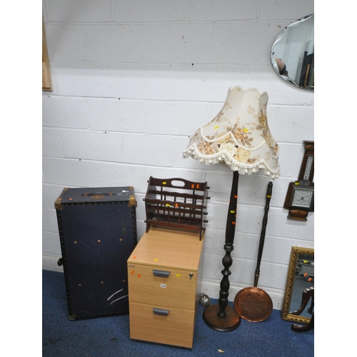 1230 - A MODERN BEECH TWO DRAWER FILING CABINET, a blue traveling trunk, a mahogany torcher stand, a magazi... 