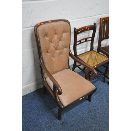 1231 - AN EARLY 20TH CENTURY MAHOGANY SLIPPER CHAIR, of low proportions, with buttoned upholstery, a pair o... 