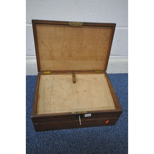 1232 - A 19TH CENTURY OAK BI-FOLD WRITING SLOPE, the first hinged compartment enclosing storage space, the ... 