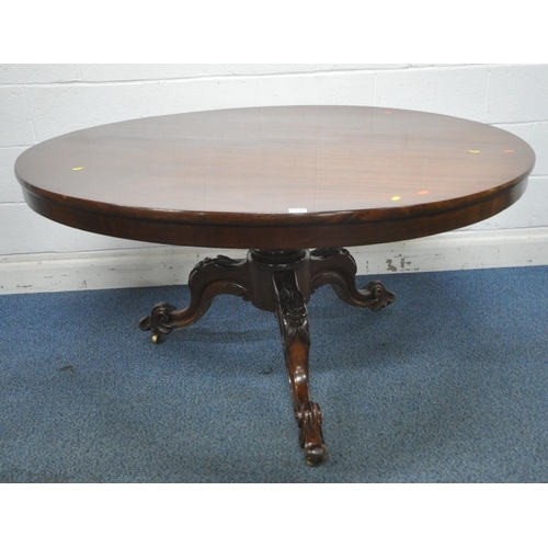 1233 - A 19TH CENTURY MAHOGANY TILT TOP BREAKFAST TABLE, raised on a bulbous turned support and three cabri... 