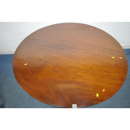 1233 - A 19TH CENTURY MAHOGANY TILT TOP BREAKFAST TABLE, raised on a bulbous turned support and three cabri... 