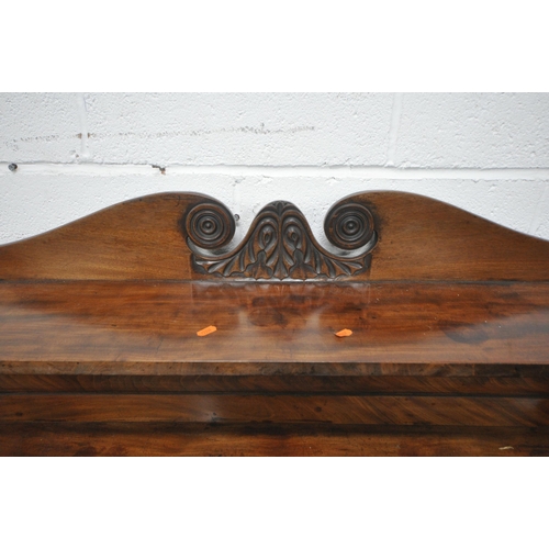 1235 - A VICTORIAN MAHOGANY CREDENZA, the raised back with scrolled and foliate crest, and a single shelf w... 