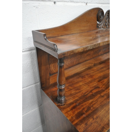 1235 - A VICTORIAN MAHOGANY CREDENZA, the raised back with scrolled and foliate crest, and a single shelf w... 