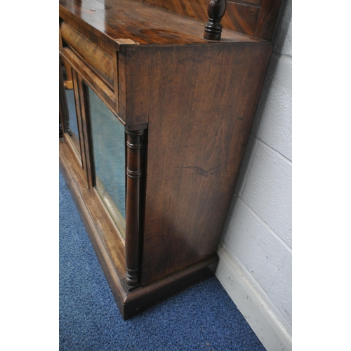 1235 - A VICTORIAN MAHOGANY CREDENZA, the raised back with scrolled and foliate crest, and a single shelf w... 